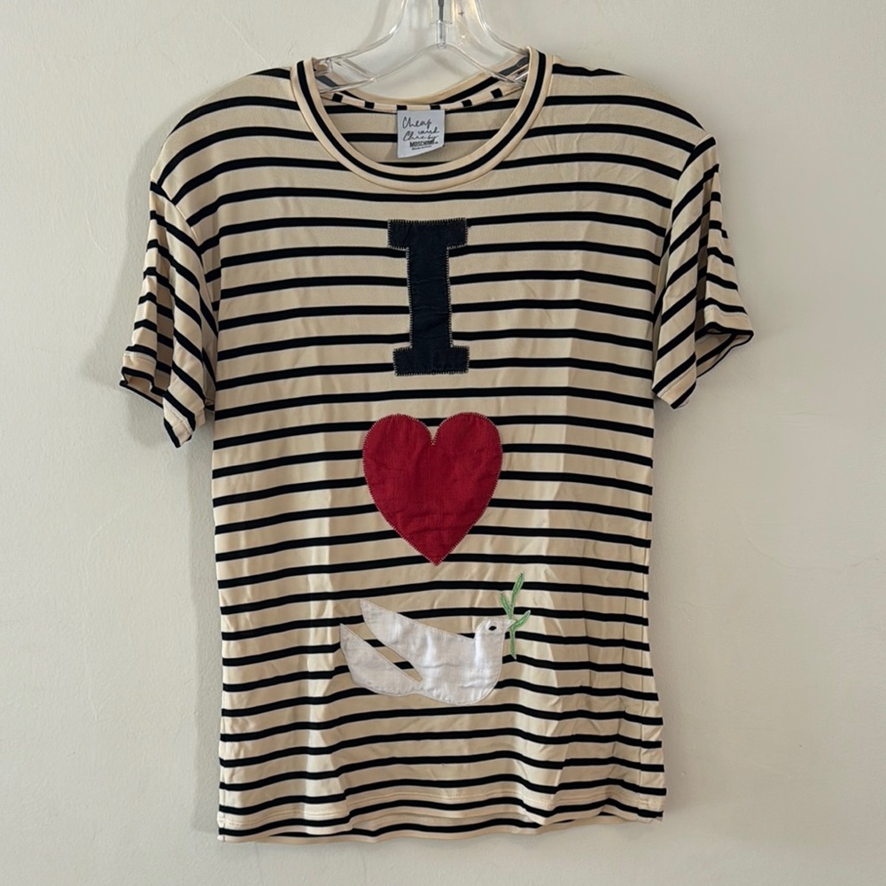 Vintage Moschino Cheap and Chic “I Love Peace”Black and Cream Striped Tee